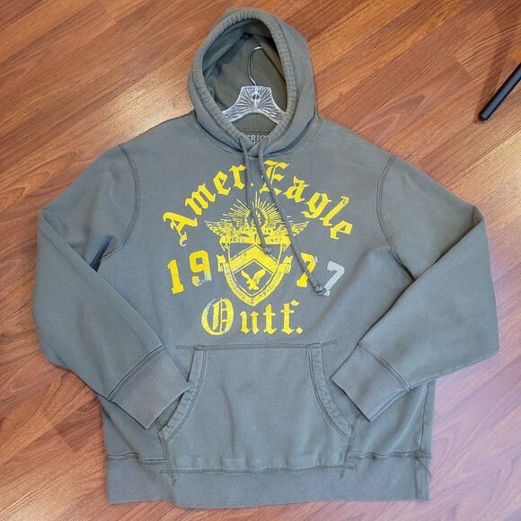 American Eagle Outfitters 1977 Graphic Hoodie XXL Olive Green Cotton Polyester B - Picture 1 of 5